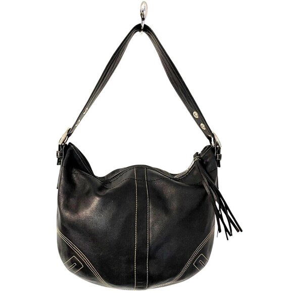 Y2K Black Leather Hobo Shoulder Bag Purse F05D-8A03 Contrast Stitching & Tassel - Picture 1 of 12